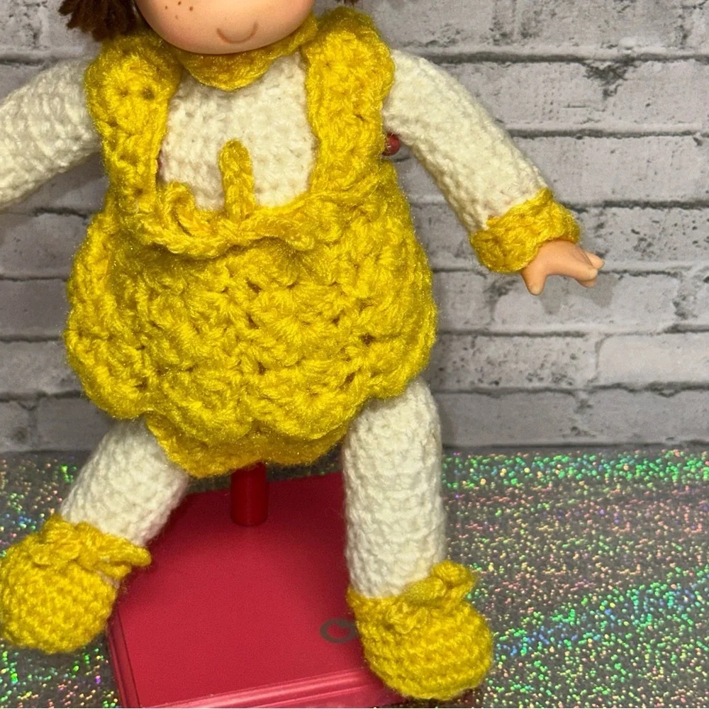 Vintage Hand Crochet Doll with Knitted Yellow Dress 11in Tall Yellow White